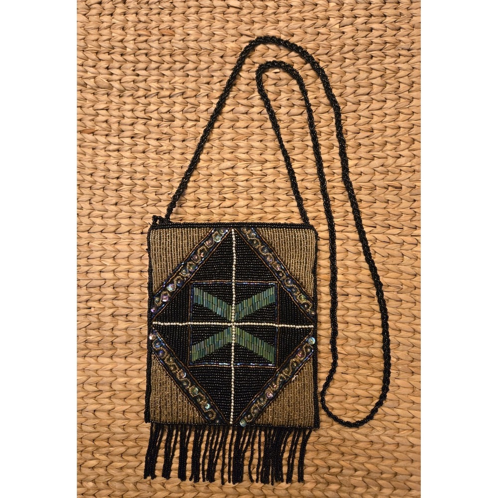 Vintage ERMO Beaded Sequined Crossbody Purse Art Deco Design Fringe Festival EUC
